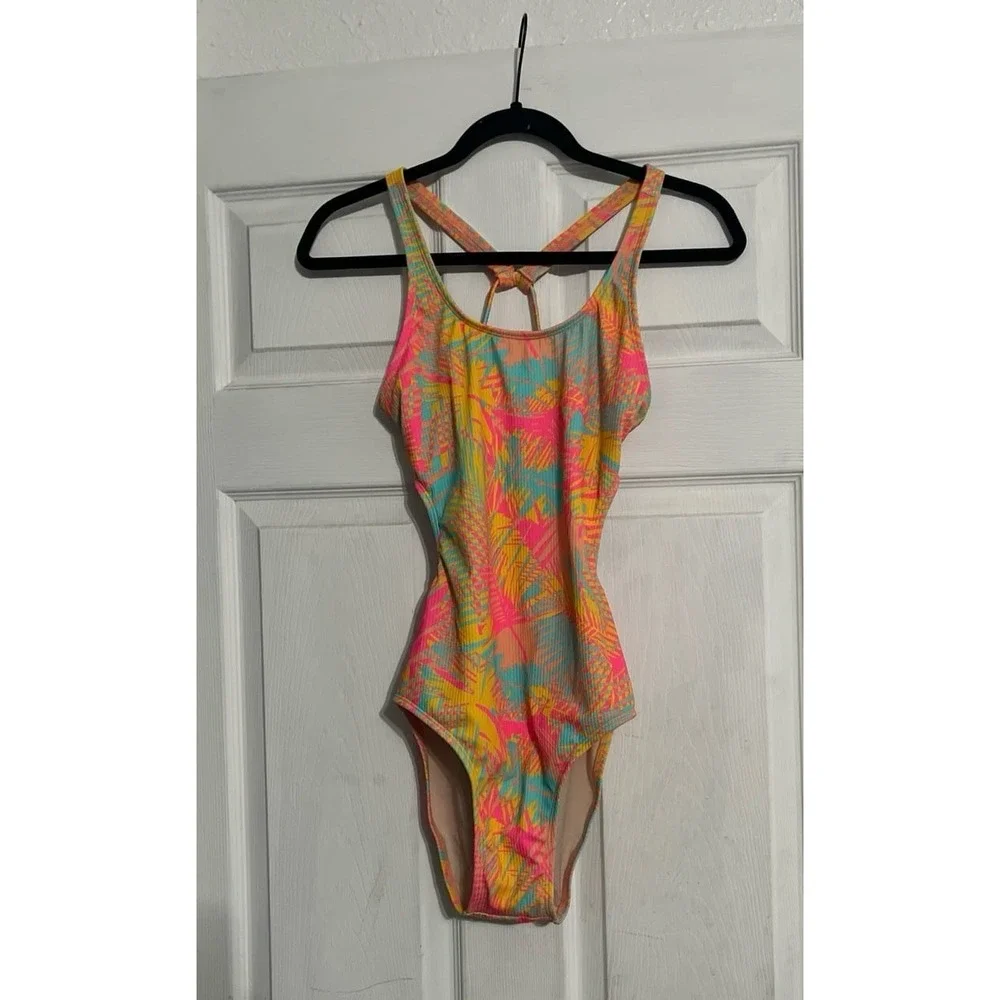 Art Class Girls Tropical Palm Print One Piece Swimsuit Neon Pink Blue XL 14